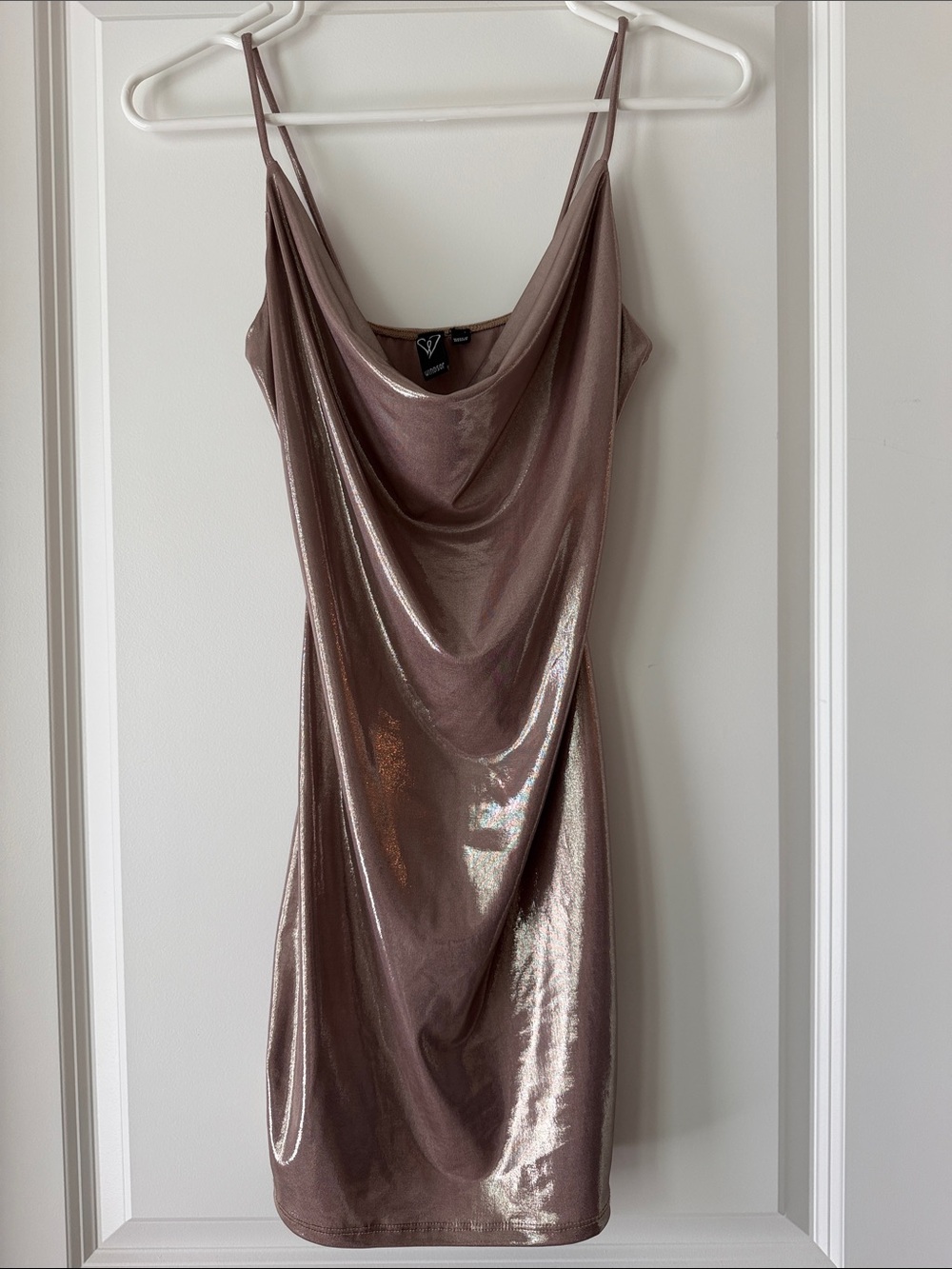 Windsor Metallic Rose Gold Cowl Slip Mini Dress